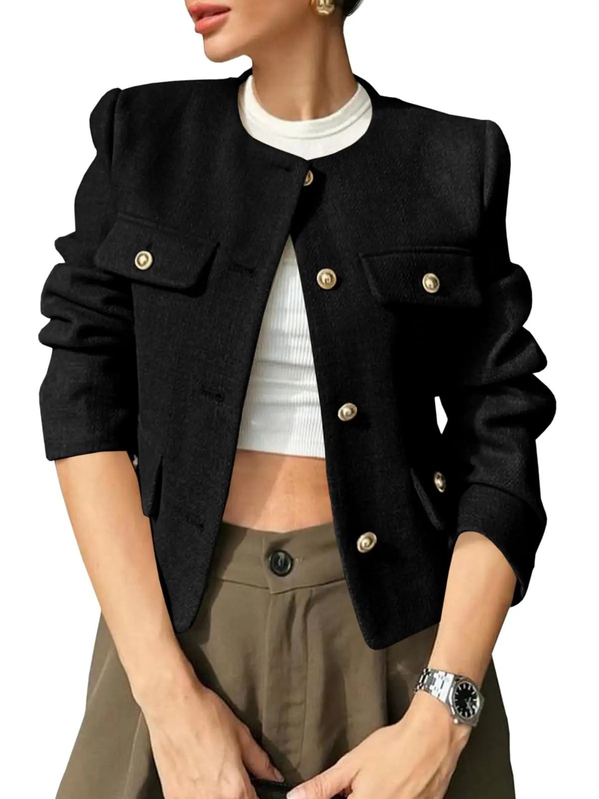 Cicy Bell Womens Cropped Tweed Blazers Jacket Collarless Button Down Business Casual 2025 Fall Outfits Winter Coats Outerwear Womenswear