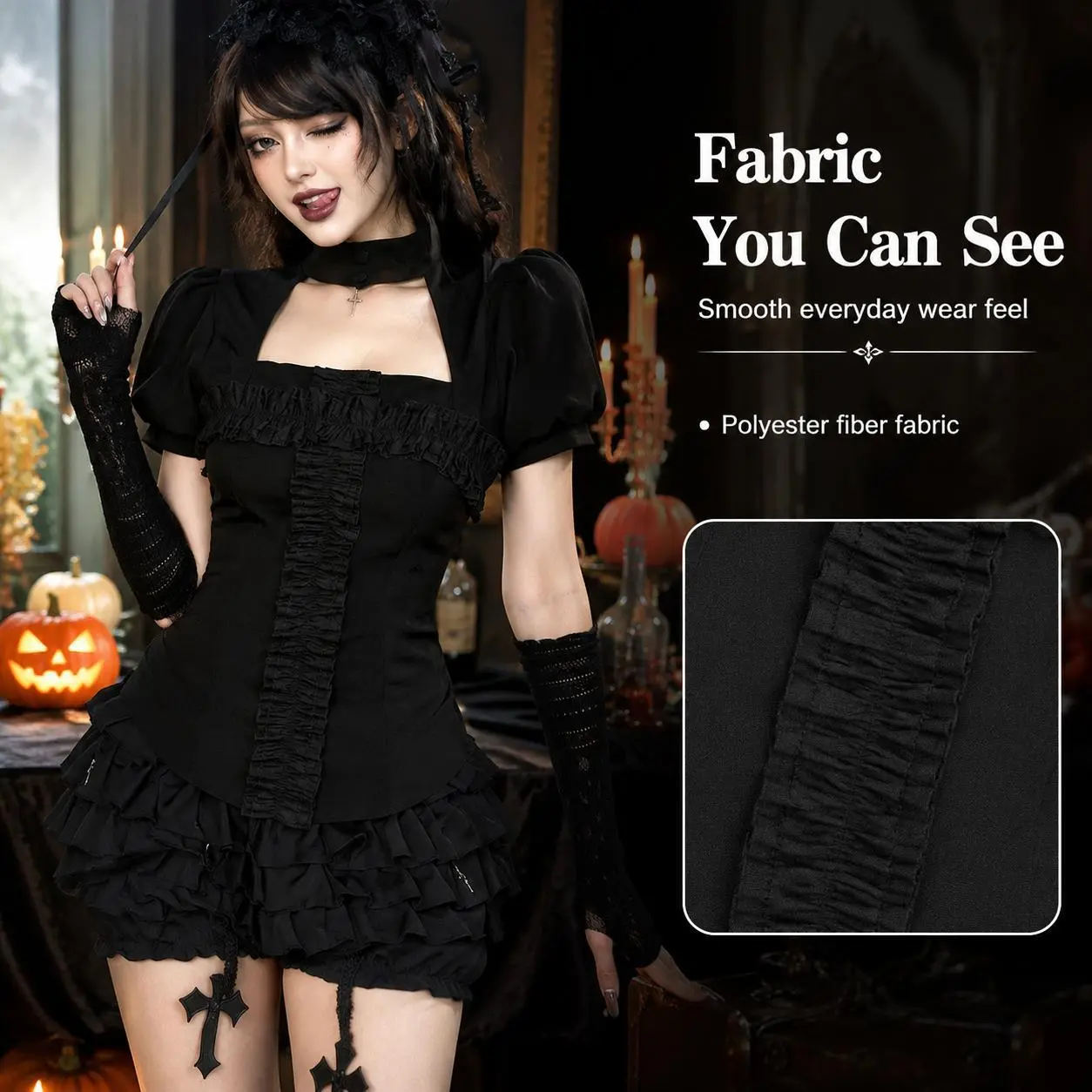 Women's Gothic 2-Piece Polyester Suit - Lightweight Puff Short-Sleeve Cutout Corset Top, Vintage Gothic Look Ruffled Bloomers Shorts for Dark Romantic Halloween Cosplay