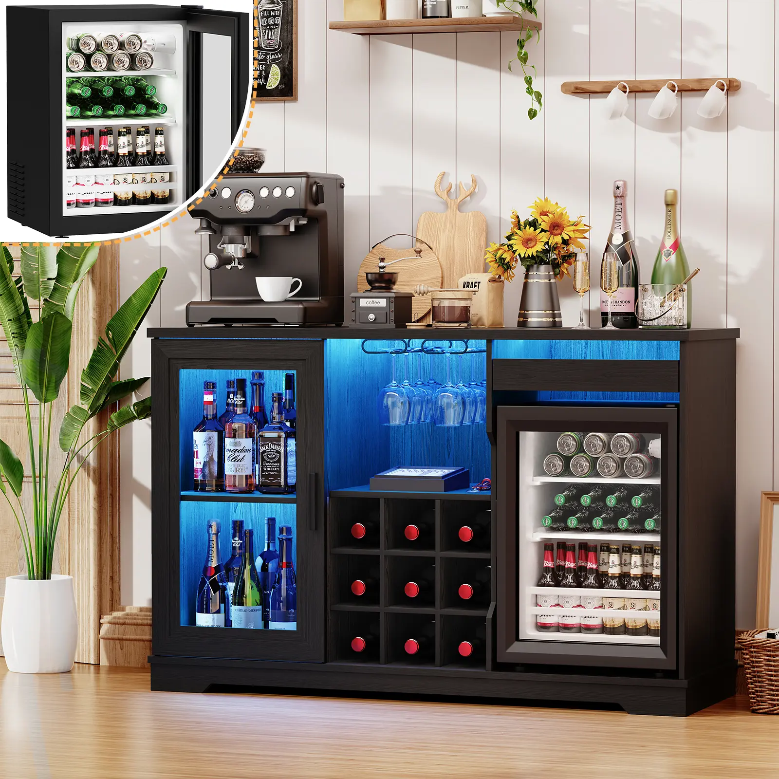 BROTTAR Coffee Bar Cabinet with Fridge, Liquor Cabinet with LED Lights & Glass Holder, Mini Fridge Cabinet with Wine Storage, Human Body Sensor, Sideboard Buffet Table for Kitchen Dining Room, Black,dorm essentials,home decor