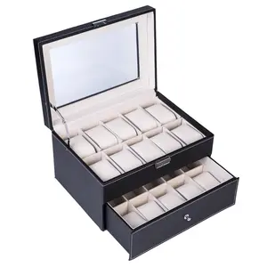 Elegant Wooden Watch Collection Box 20 Compartments Dual Layers Black PU Leather Wood Pearl Fleece Lining Portable Organizer