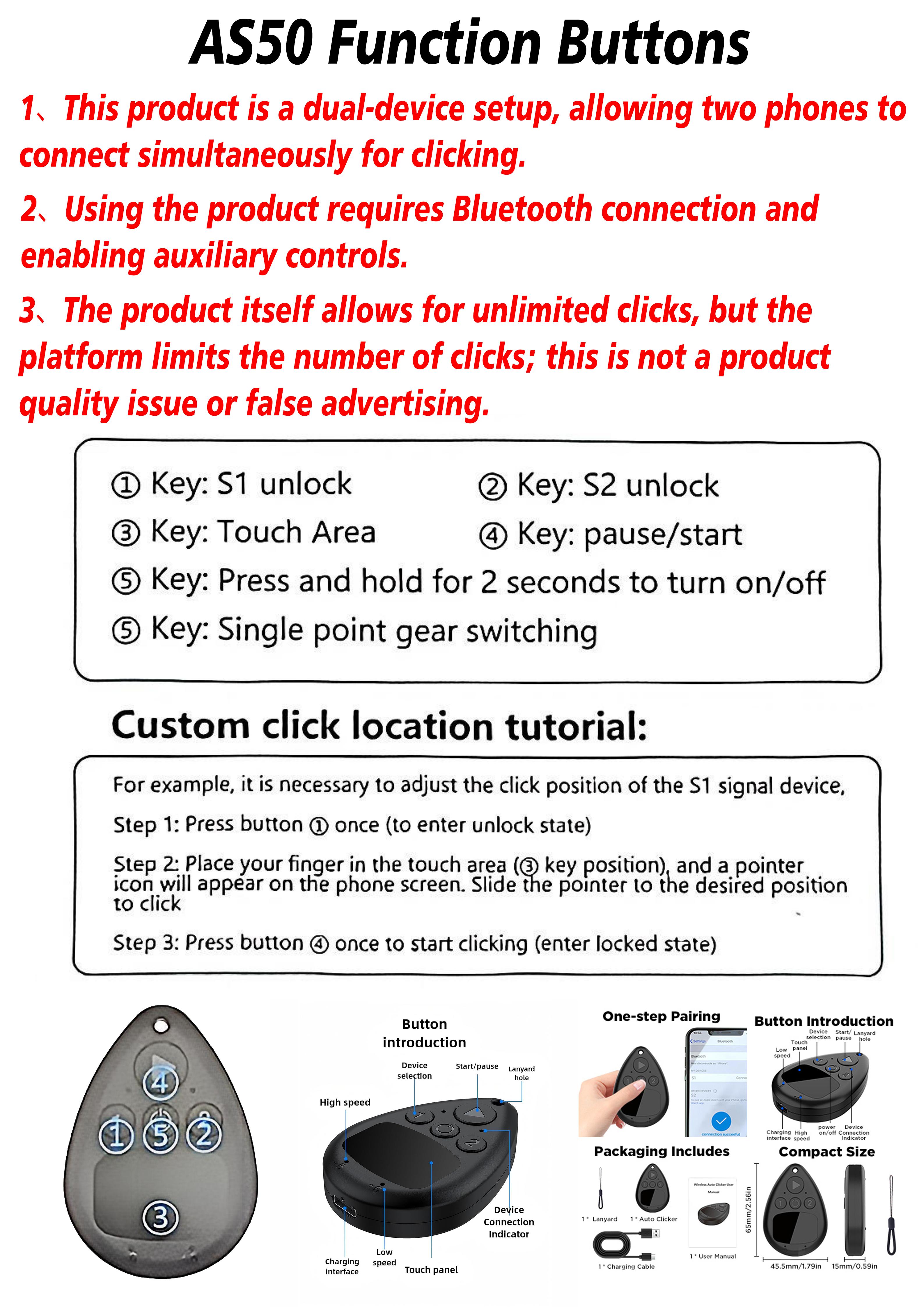 Bluetooth Screen Tapper Auto Clicker for TikTok App - Wireless Touchpad Remote Phone Tapper for iPhone & Android，Dual Device S1/S2, 2-Speed Silent Clicker