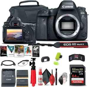 6K HD Camcorder Canon 6D Mark II DSLR Camera + 64GB Memory Card + Photo Software + LPE6 Battery + Card Reader + Flex Tripod + HDMI Cable + Hand Strap + Vlogging Portable Foldable with 40X Zoom and EIS Compact Shoot Point canon g7x iii Studio Light LED