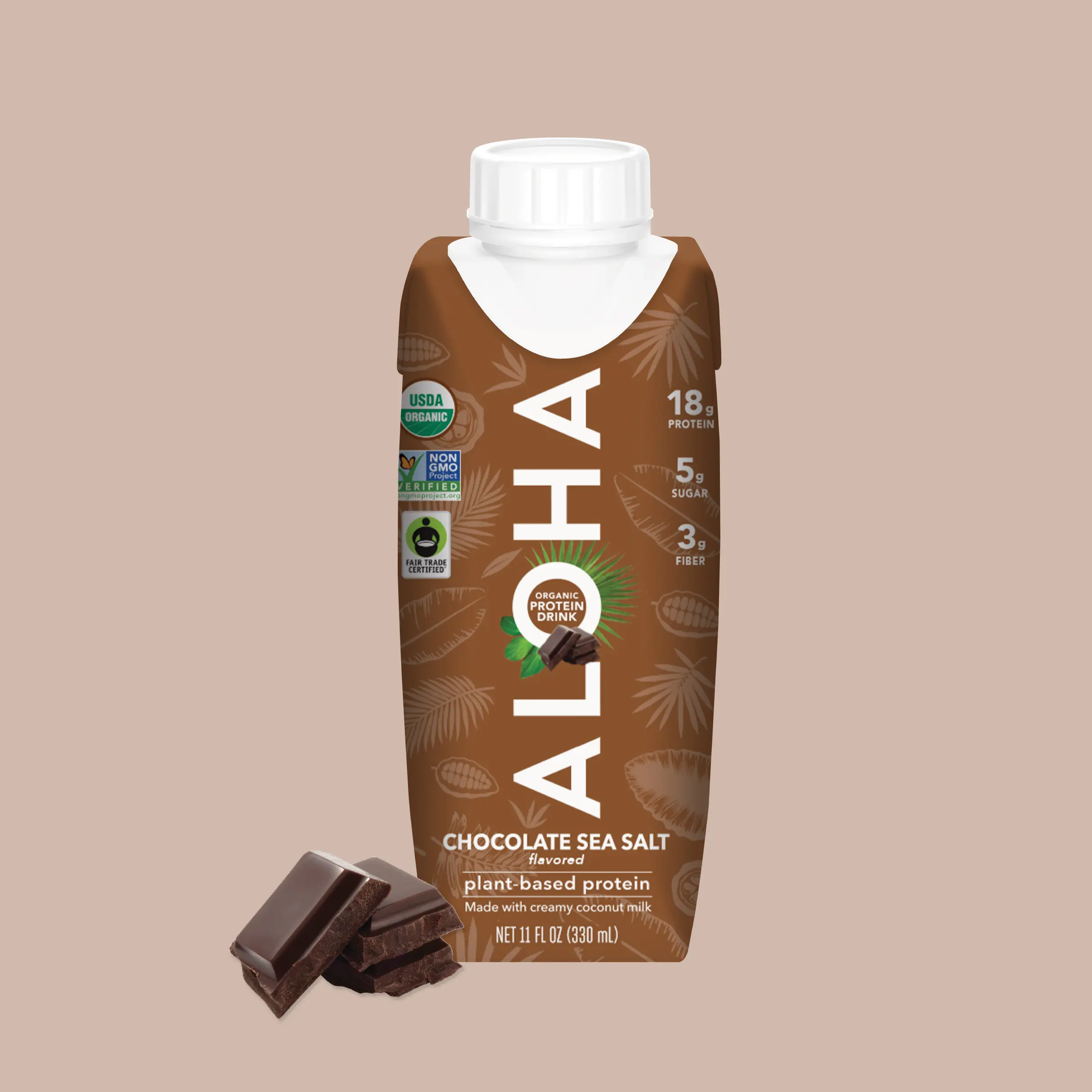 ALOHA Chocolate Sea Salt Protein Shake | 12-Pack | 18g Plant Protein | Certified USDA Organic, Vegan, Gluten-Free, Stevia-Free | Rich Chocolate + Sea Salt | Ready-to-drink Essential Amino Energy Coconut
