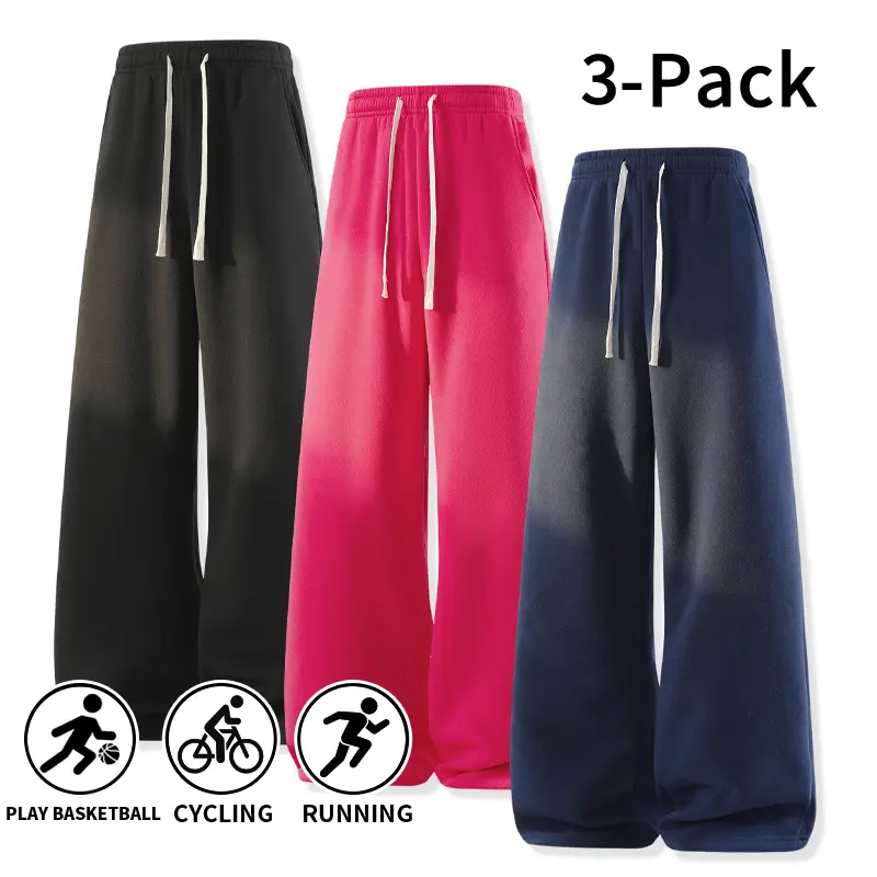 Men's Polyester Baggy Sweatpants - 3-Pack or 1-Pack Straight-Leg, American Street-Style Drawstring Basic Athletic Loose-Fit Pants for Running, Basketball