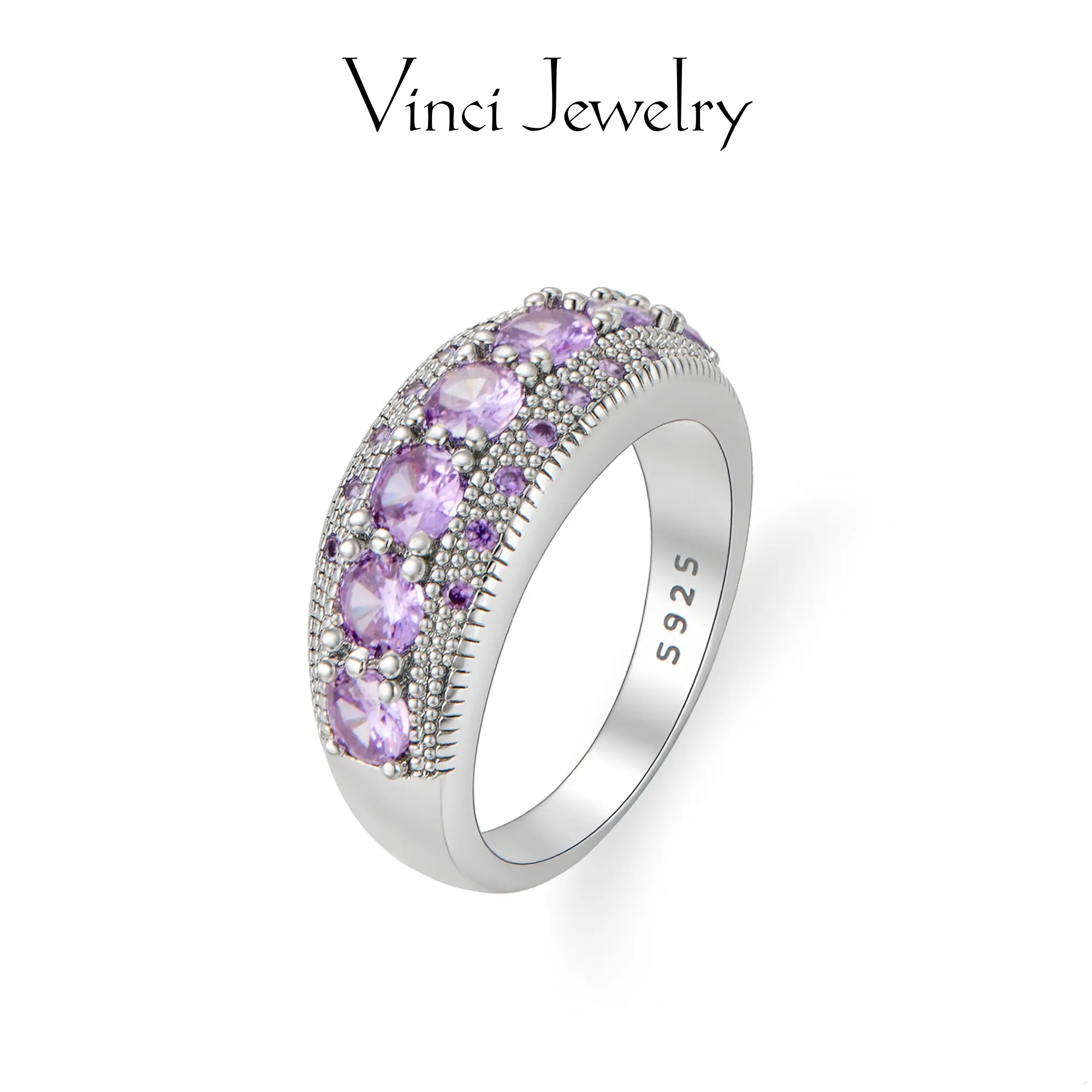 925 Sterling Silver Ring Round Purple CZ, Created Pink Topaz & Amethyst,  Elegant Silver Ring Gift for Women Art Deco Engagement Ring Multi Cut Cluster Ring Emerald Cut Solitaire Ring