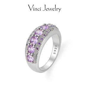 925 Sterling Silver Ring Round Purple CZ, Created Pink Topaz & Amethyst,  Elegant Silver Ring Gift for Women Art Deco Engagement Ring Multi Cut Cluster Ring Emerald Cut Solitaire Ring