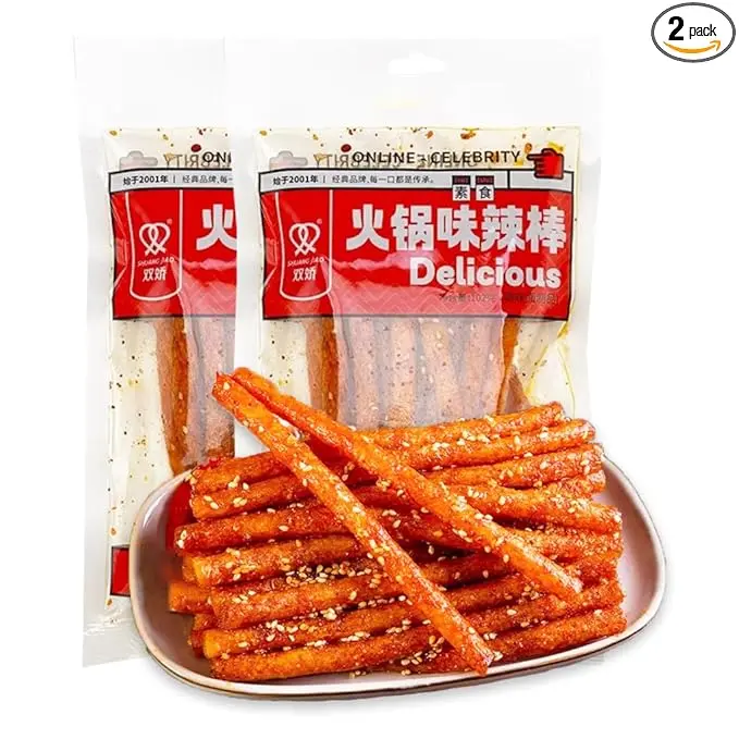 Fraunitsh Spicy Latiao Strips, 2 Pack Chinese Wheat Gluten Snack, Chewy Chili Flavor La Tiao Sticks, Ready to Eat Snack, 3.6 oz Each