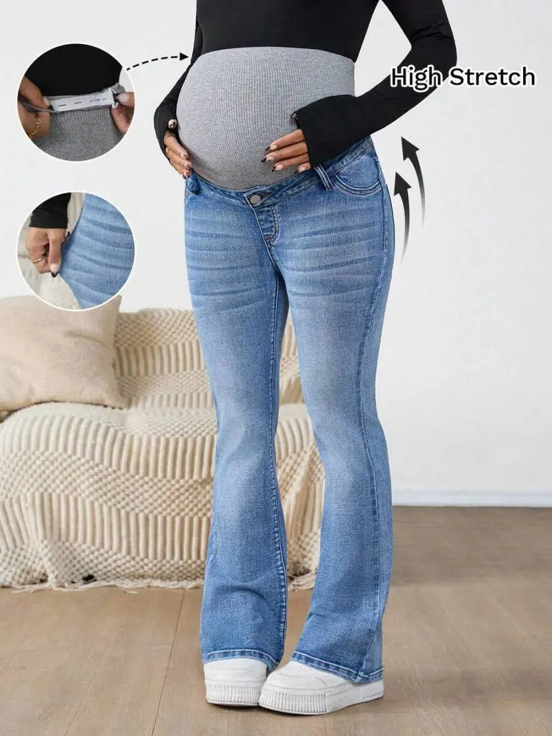 NANCY Maternity High Waist Flare Jeans For Women,Navy Blue Winter Casual Everyday Pregnancy Pants With Ribbed Overbelly Panel,Light Wash Chic Y2k Streetwear