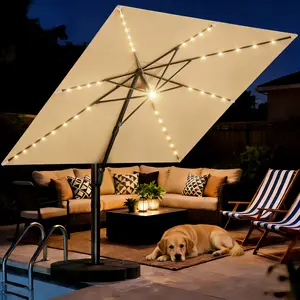 【Limited Deal】10ft Square Offset Patio Umbrella with Solar LED Lights, 32 Light Beads & 10H Running Time, 360° Swivel, 6-Position Tilt Adjustment, UPF 50+ UV Protection with Included Base for Backyard, Poolside, Garden, Beige