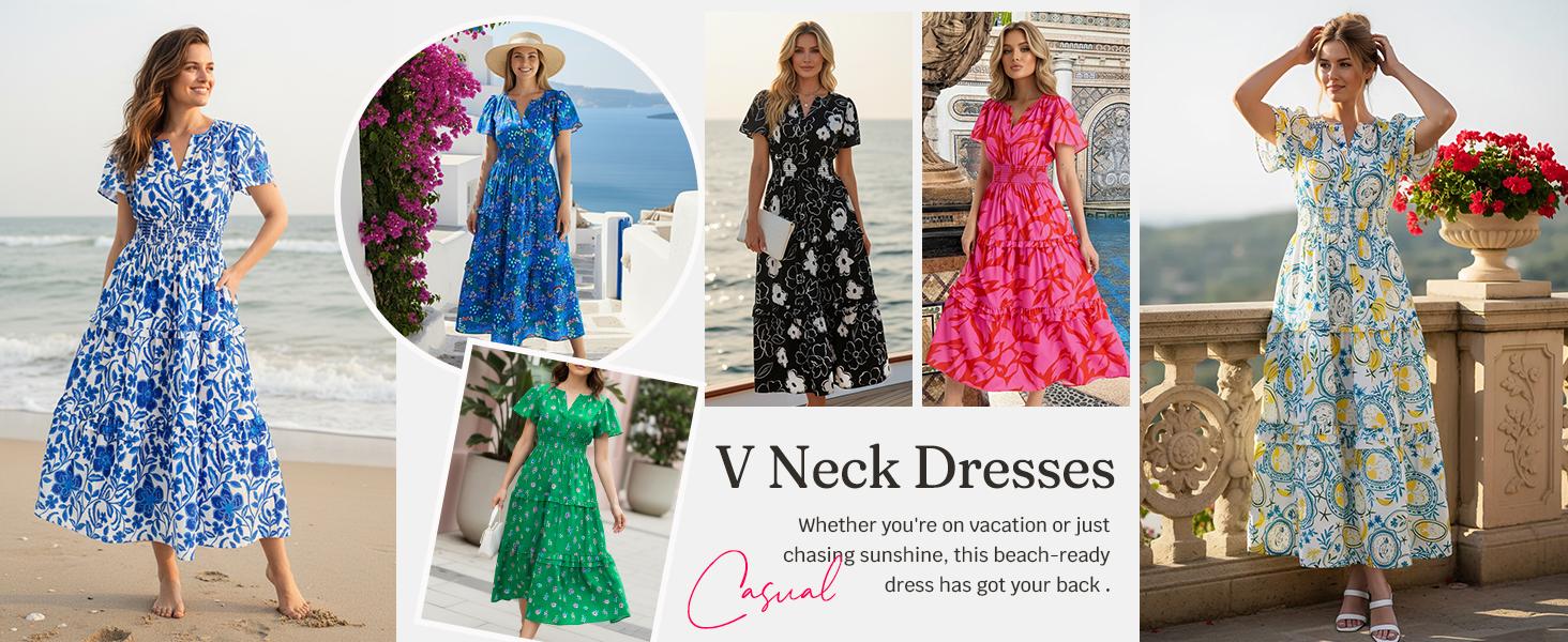 Wenrine Women‘s Summer Short Sleeve Maxi Dresses Casual Floral V Neck Smocked Tiered Flowy Boho Beach Sundress Wenrine Women‘s Summer Short Sleeve Maxi Dresses Casual Floral V Neck Smocked Tiered Flowy Boho Beach Sundress
