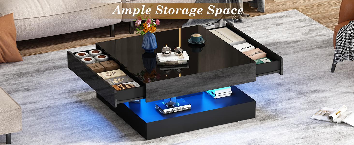 33.9" LED Coffee Table with Large Storage Cabinet, Modern High-Gloss Living Room Table with 2 Drawers, Double-Layer Big Square Center Table for Living Room Decor, Home & Office