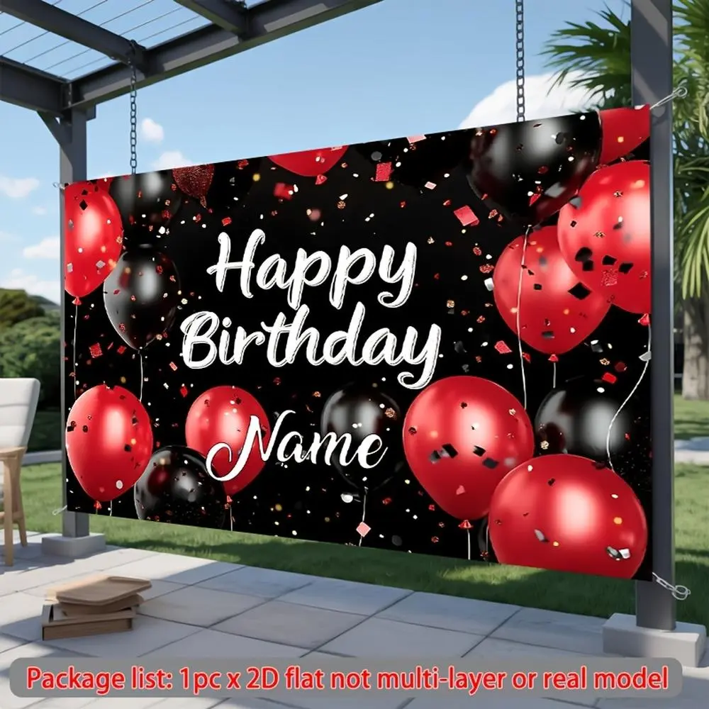 1PC Polyester 2D Flat Personalized Red-Black Balloon Happy Birthday Standing Banner, Custom Name Decorative Backdrop, Indoor-Outdoor Photo Background Wall Prop for Kids