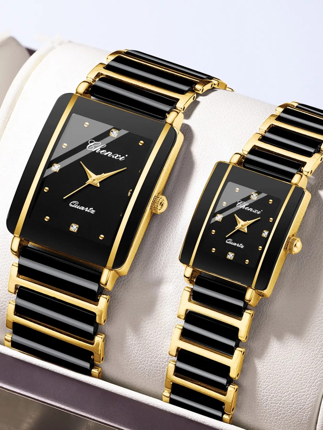 Luxury Couple Quartz Watches Set, Quartz Analog Timepiece, Waterproof Watch, Gold Face, Ceramic Strap, Square Analog Dial, Business Casual Style, Valentine's Day Gift, Fashionable Wristwatch, Analog Wristwatches