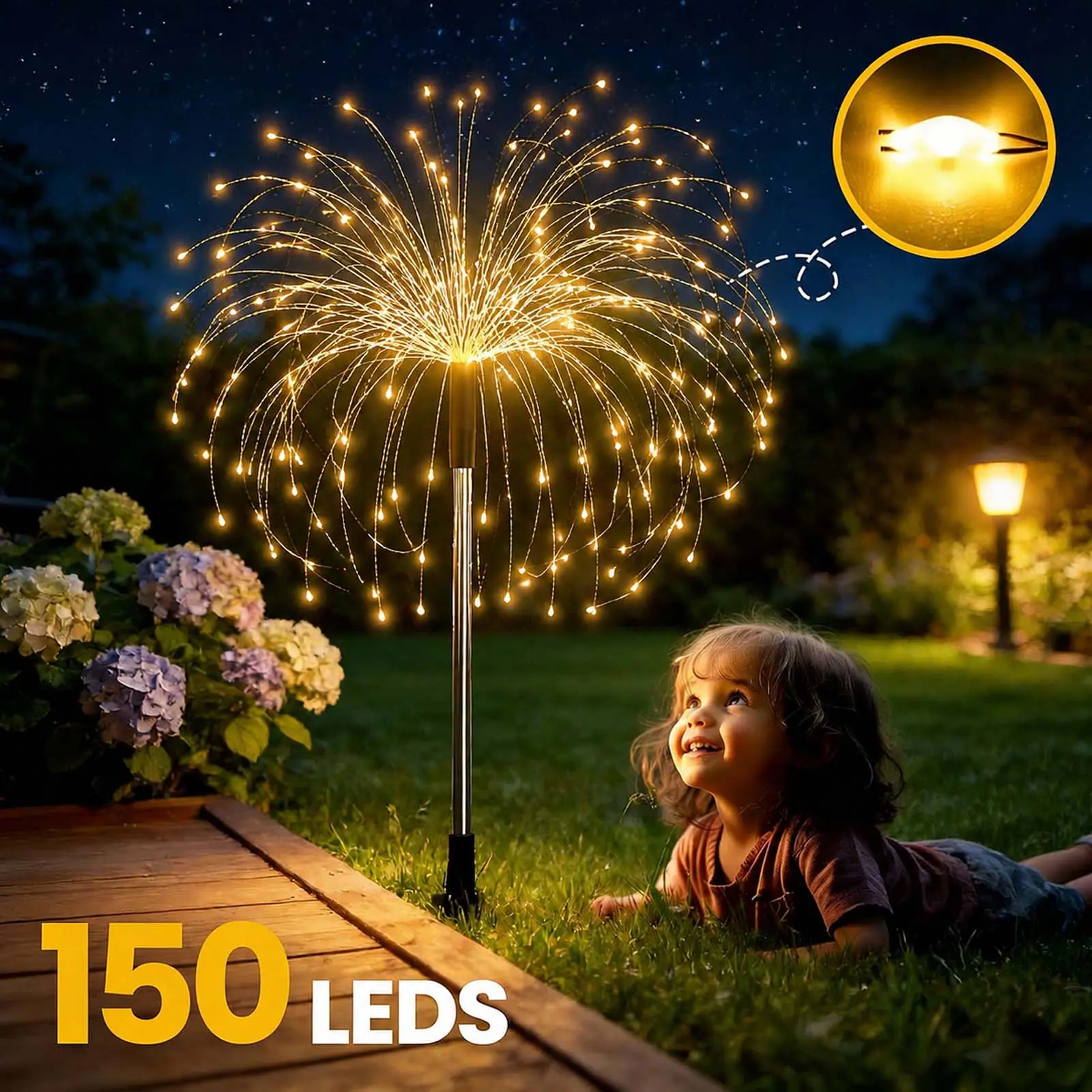 VELTORA R$150 LED Solar Garden Lights 2 Pack, Upgraded Lithium Battery Fairy Firework Lights, Brighter Warm White Outdoor Solar Lights, Fast Charging & Longer Lasting Decor for Yard, Patio, Pathway, Flowerbed & Balcony