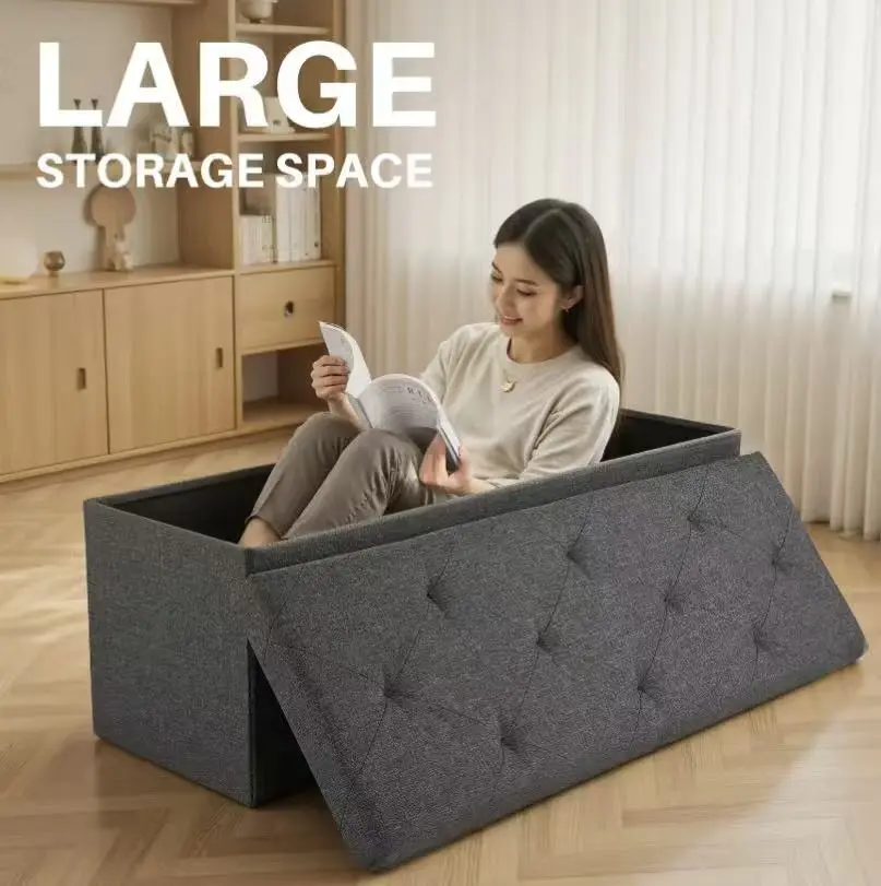 Foldable Storage Ottoman Bench 30 Inch Padded Seat Foot Rest 660lbs Support Grey Living Room Bedroom Storage Chest