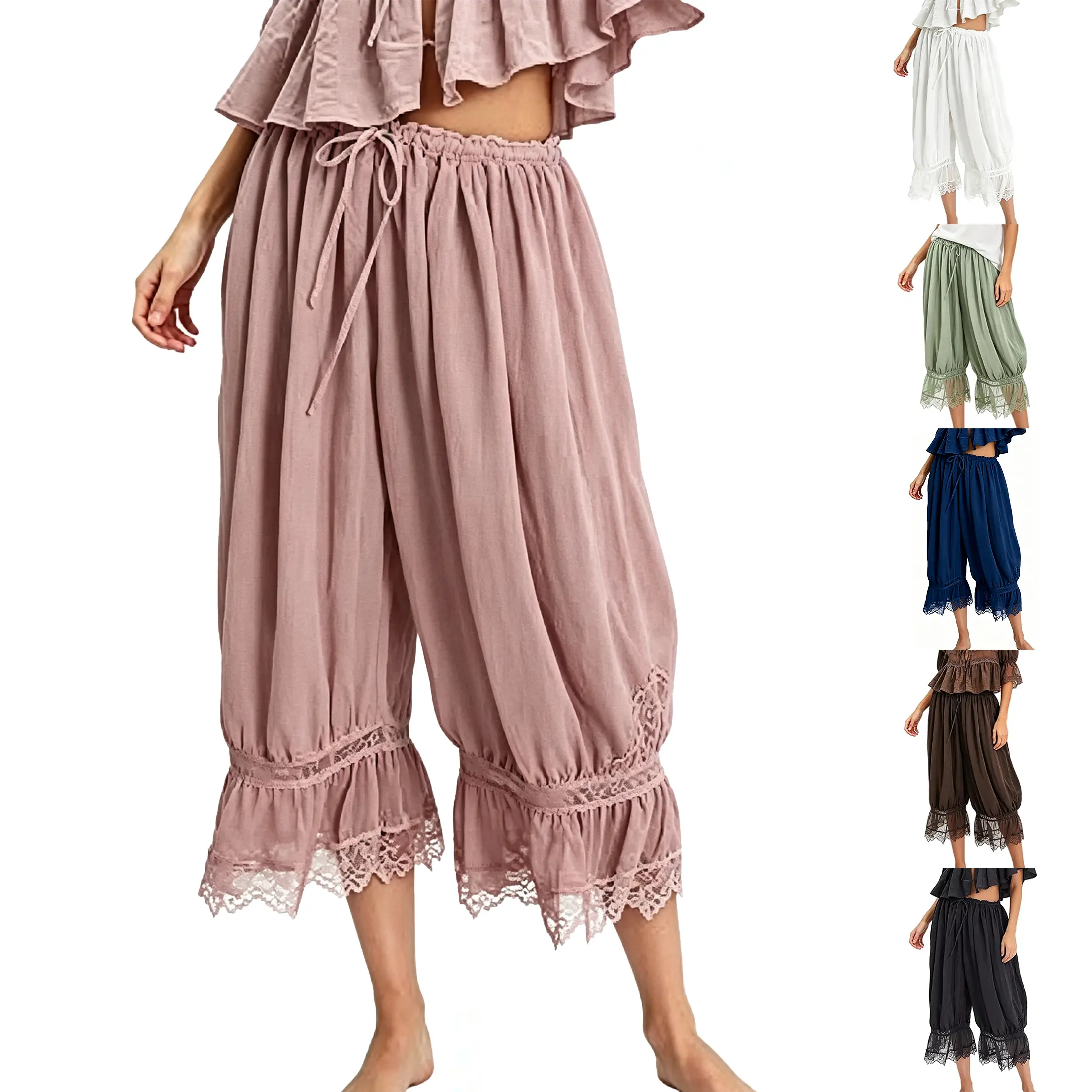 Wandal Women Vintage Lace Ruffle Cropped Bloomers Elastic Mid Rise Loose Pantaloons Boho Crinkled Slip Lounge Pants For Cottagecore Festival Daily Layering Sleep OOTD,clothes for back to school,first day of school outfits