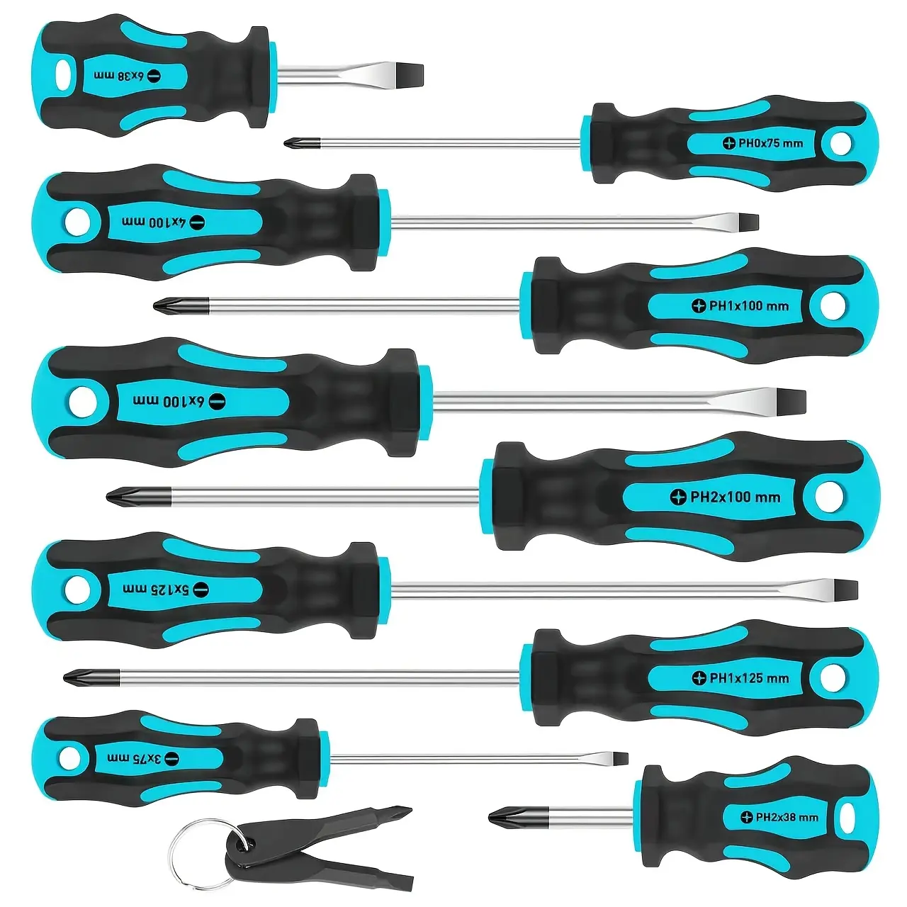 12-pcs magnetic screwdriver set: 5 Phillips bits and 5 flathead bits, professional cushioned handles, plus two keychain screwdrivers (blue).