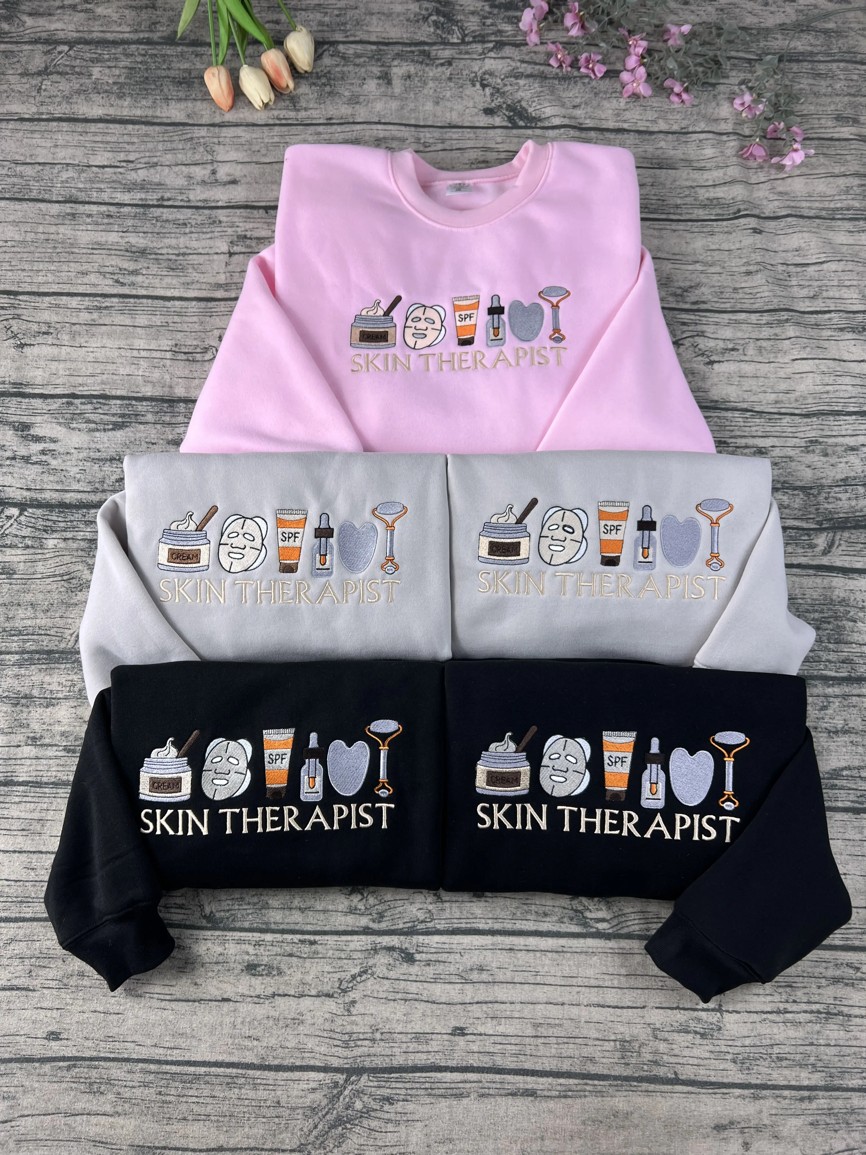 Embroidered Skin Therapist Sweatshirt Custom Esthetician Crewneck with Skincare Icon Perfect Gift for Licensed Beautician Spa Professional