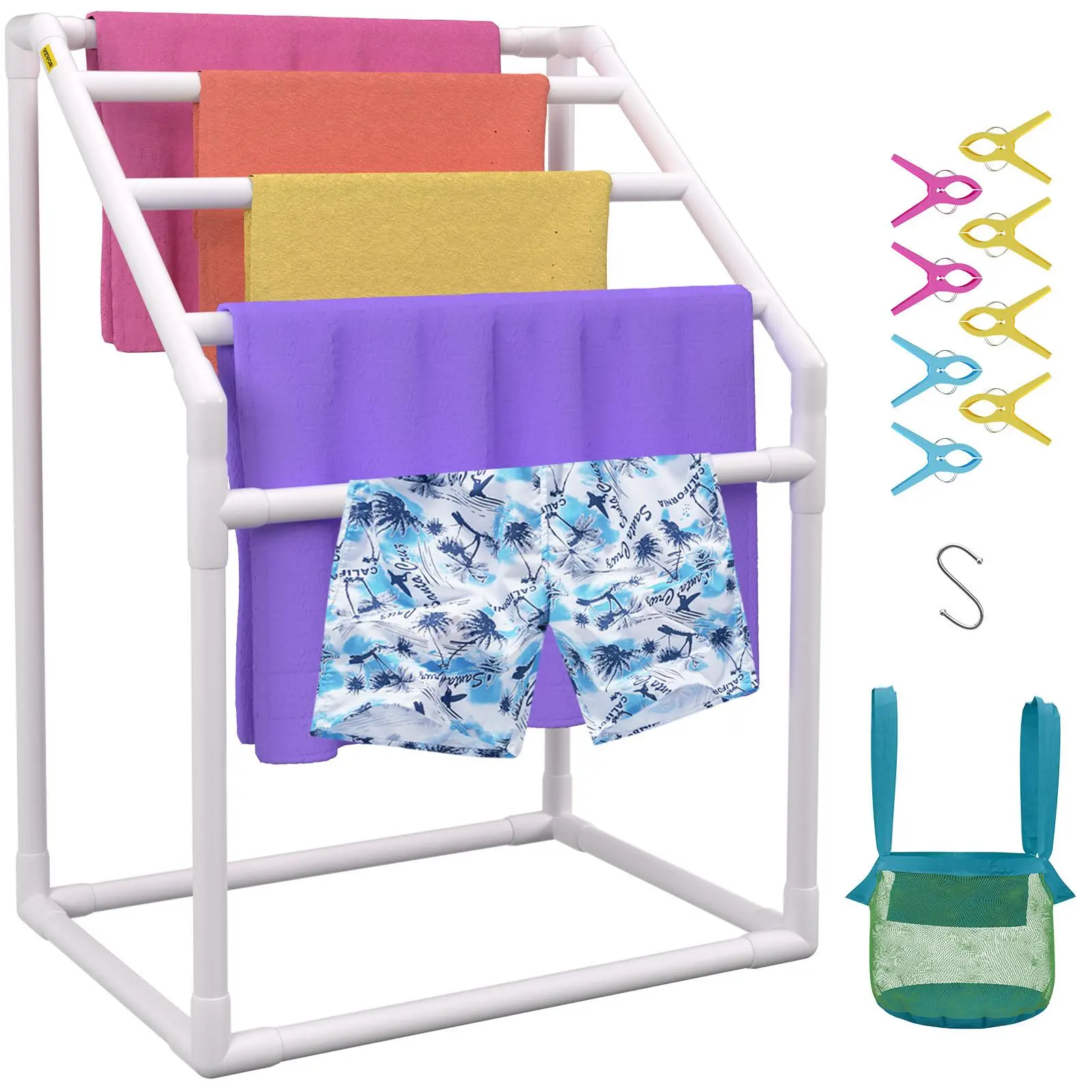 VEVOR Pool Towel Rack,  5 Bar, White, Freestanding Outdoor PVC Trapedozal Poolside Storage Organizer, Include 8 Towel Clips, Mesh Bag, Hook, Also Stores Floats and Paddles, for Beach, Swimming Pool Fitting Glossy#BackToSchool