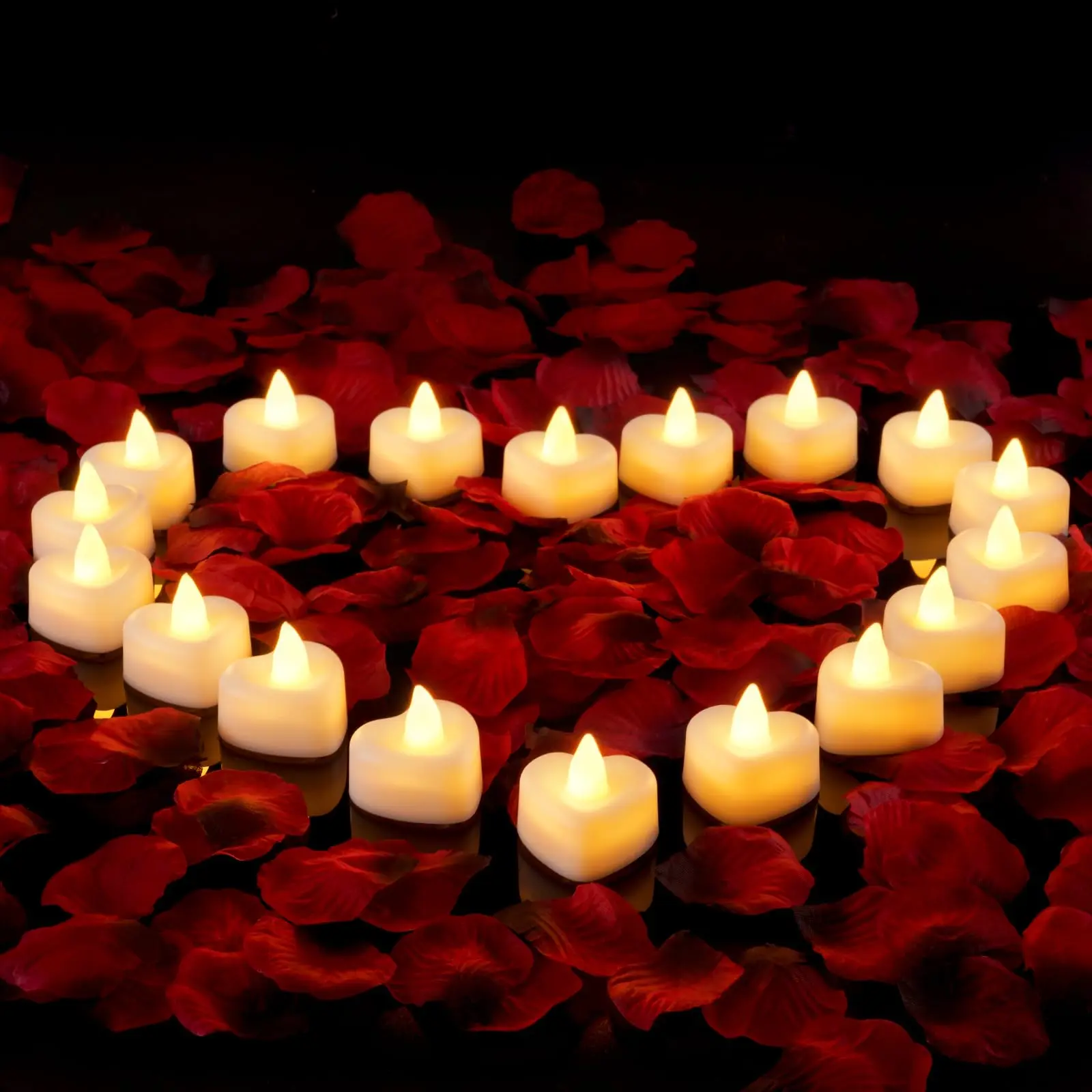2000 Pieces Red/Black Rose-Look Artificial Rose Petals & 24 Heart LED Tea Candle Lights Kit, SGS-Tested Festive Home Decor for Proposal, Valentine's Day, Anniversary