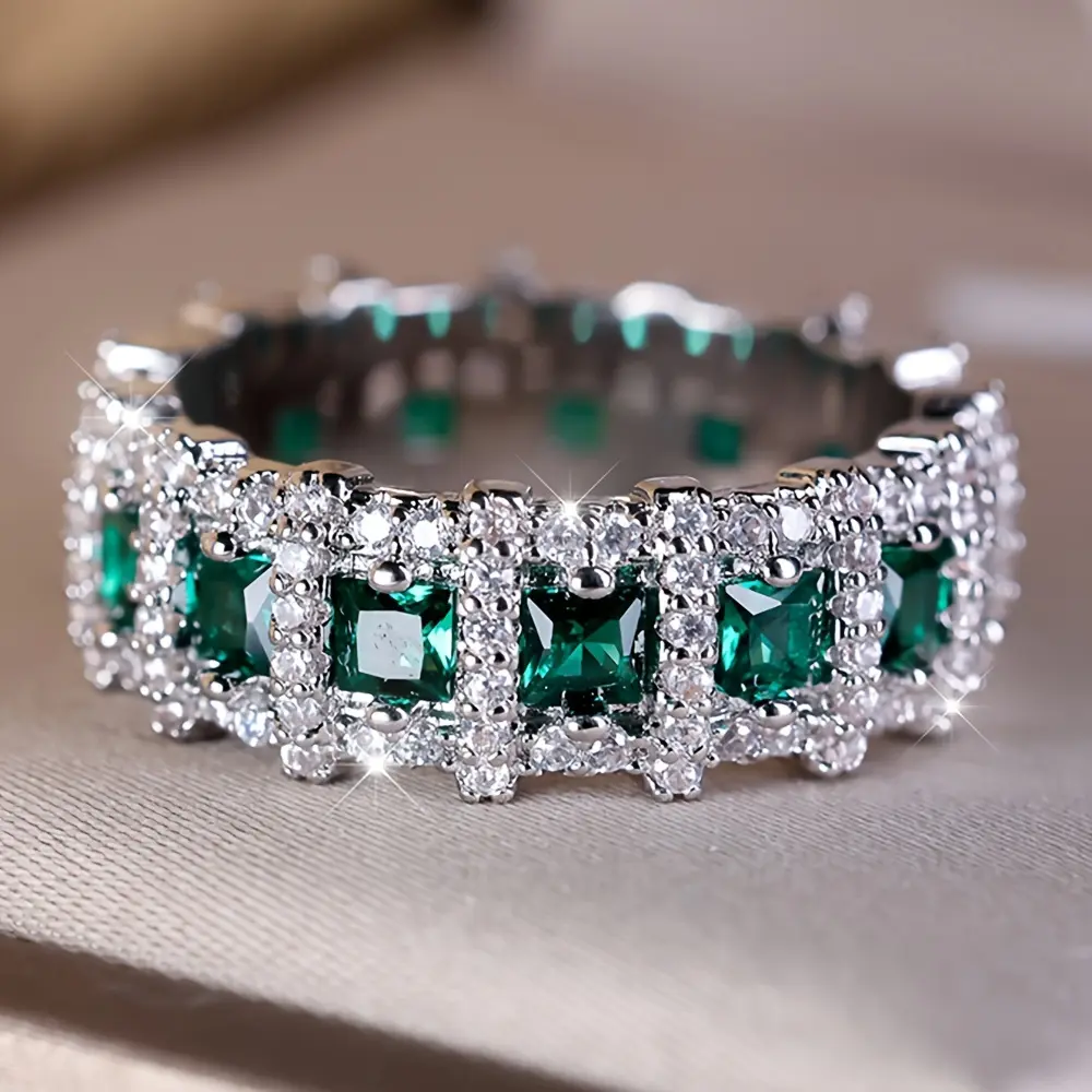 Gorgeous Super Shiny Eternal Ring with Green Cubic Zirconia | Perfect for Proposal, Engagement, Bridal Wedding & May Birthstone Ring - Ideal Festival Gift (Valentine's Day/Mother's Day/Christmas) for Her, Birthstone Rings, Cubic Zirconia Rings