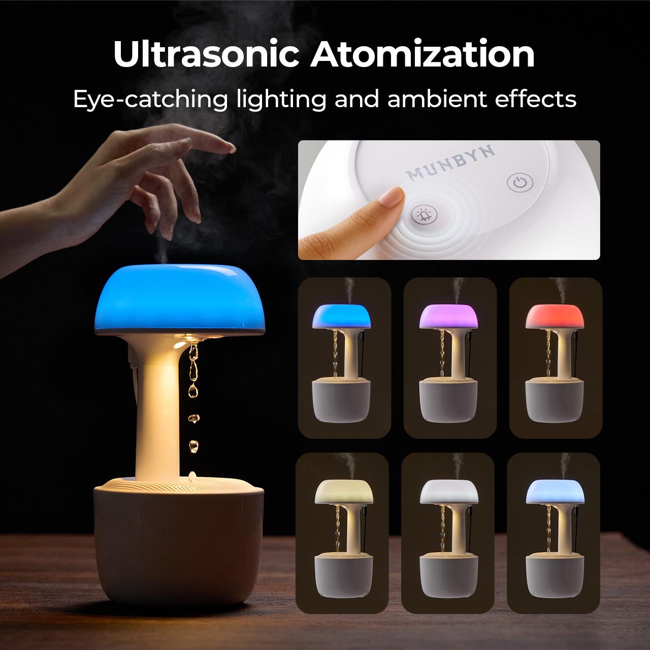 【 MUNBYN  Mushroom Anti Gravity Humidifier】 Water Drop Humidifier with Multi Colors Night Lights for Bedroom, Home & Office, Auto Power-off protection with 8 Hours Battery Life, Quiet Diffuser with 38db, Air Humidifier Gift