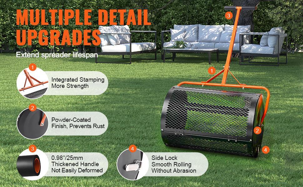 【Summervibes】VEVOR Compost Spreader with Upgraded 3-Height Adjustable T Shaped Handle, 24" Roller Lawn Spreader and Peat Moss Spreader, Steel Mesh Basket Garden Spreader with Side Latches, for Spreading Manure VEVOR Super Brand Day 【Summervibes】VEVOR Compost Spreader with Upgraded 3-Height Adjustable T Shaped Handle, 24" Roller Lawn Spreader and Peat Moss Spreader, Steel Mesh Basket Garden Spreader with Side Latches, for Spreading Manure VEVOR Super Brand Day