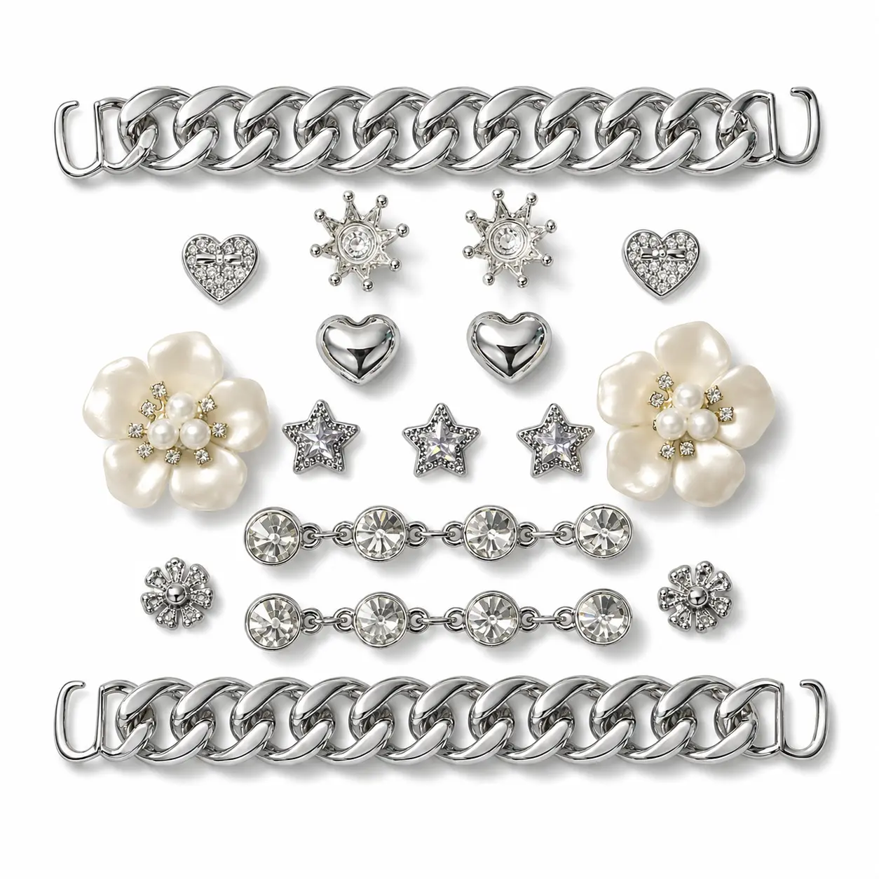 17PCS Silver Clog Shoe Charm Set, 2 Chunky Chains with Pearl Flowers, Crystal Stars, Hearts & Rhinestone Straps