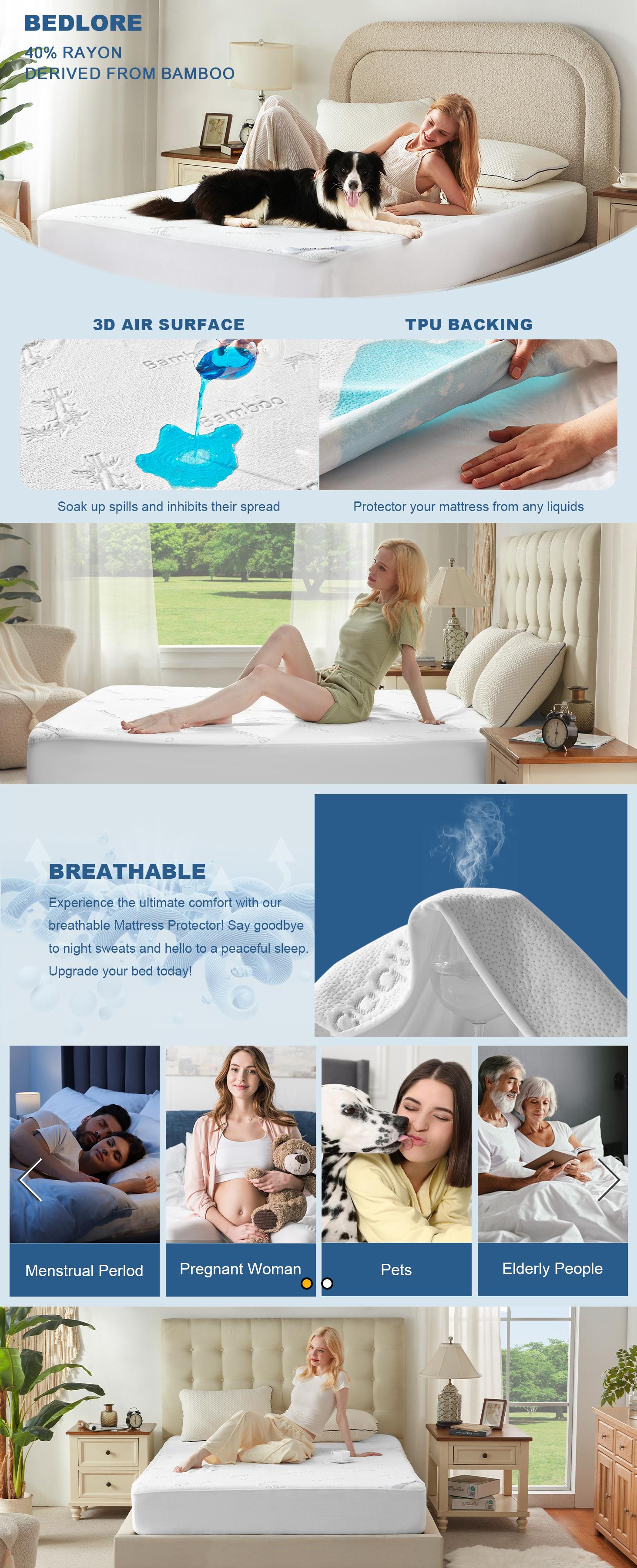SpringGlowUp【BEDLORE】Cooling Bamboo Textured Fitted Mattress Protector: Ultra-Soft, Breathable & 100% Waterproof Deep Pocket Sheet with Non-Slip Skirt, Noiseless & Washable Cover for a Spa-like Tranquility in Your Master Bedroom or Guest Room.