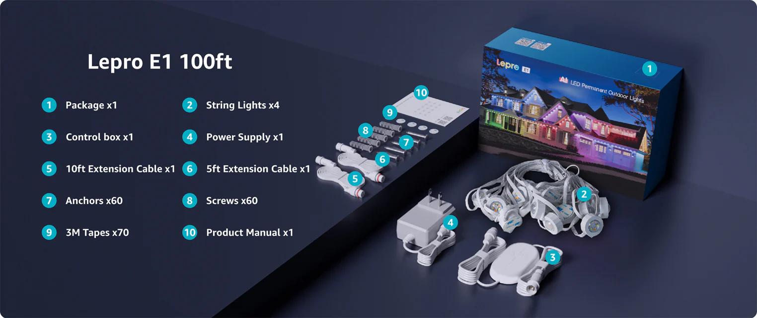 Lepro AI Permanent Outdoor Lights E1-60 100ft with 60 Triple-LED Smart RGBIC+Warm/Cool White Waterproof Lighting Themes APP Control Alexa Google Enabled