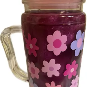 ‘Cat Eye’ effect-16 oz Mica Powder Acrylic Snowglobe Tumbler with Handle-UV DTF Wrap-Flowers