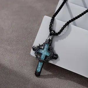 Men'S Turquoise Cross Pendant Necklace with a Thorny Wreath And Cross Design, Featuring a Trendy Punk Retro Style, Perfect As a Christmas Gift.