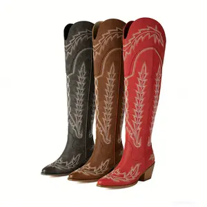 Women's Embroidery Western Cowboy Boots with Zippers Wide Calf Over Knee High Comfortable Fit Stylish Versatile Design for Western Style