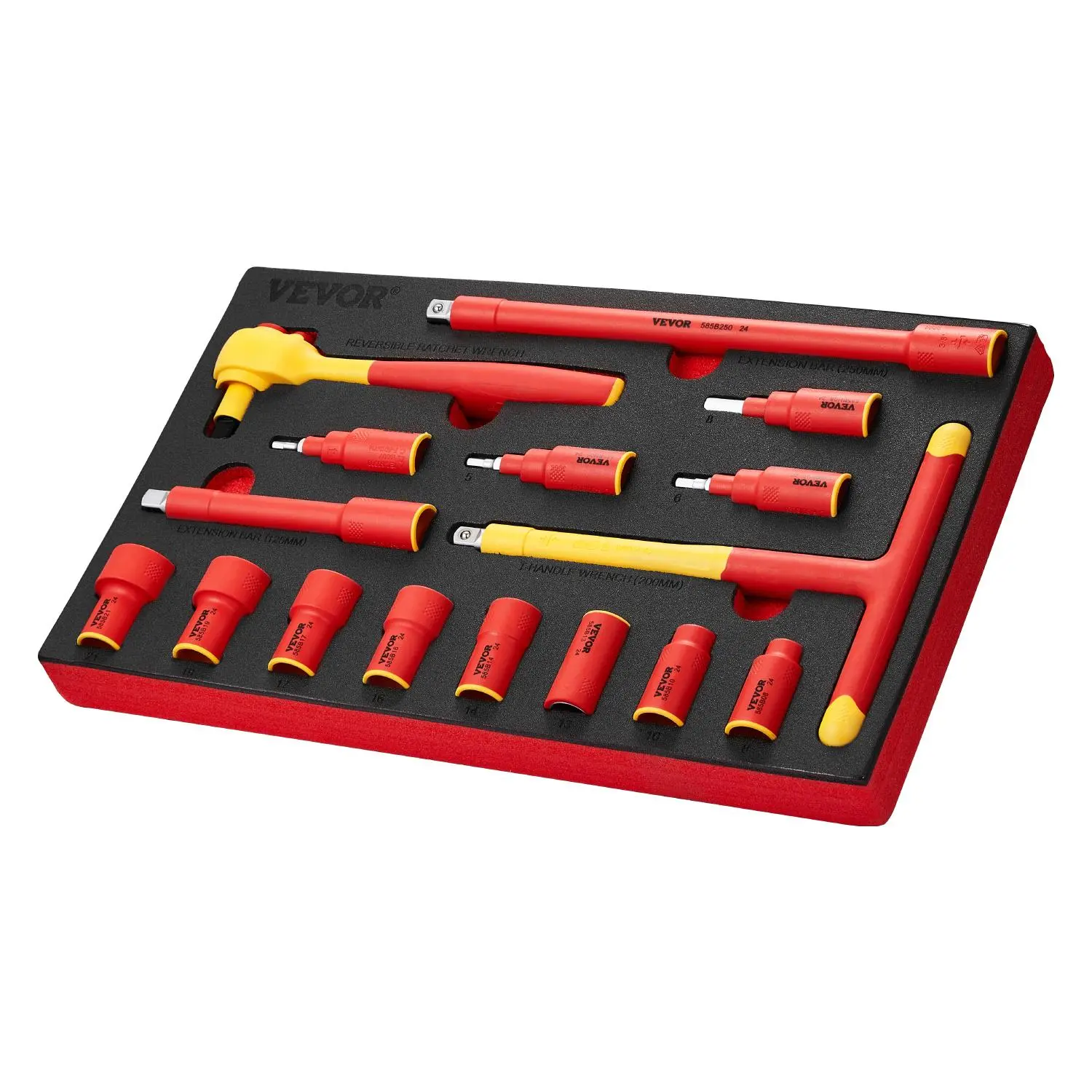 VEVOR 16-Piece 1000V Full Insulation Wrench Kit - 3/8-in Socket Combination Tool, T-Handle Wrench, Drive Ratchet, Extensions, PP+TPR Dual-Material Handle, Easy-to-Identify Socket Sizes for Electricians