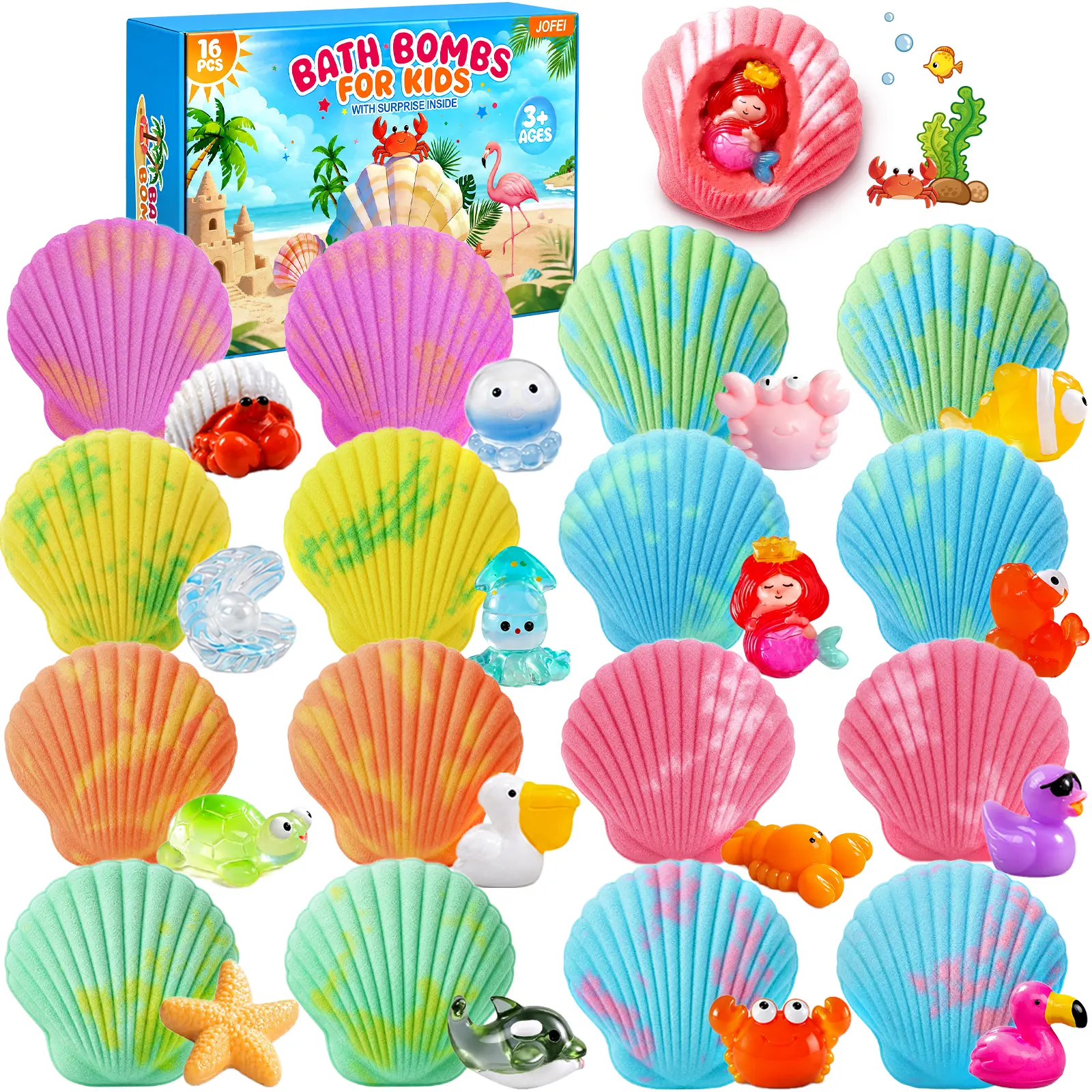 Bath Bombs for Kids with Surprise Inside, 16 Pack Shell Kid Bath Bombs Gift Set for Boys Girls, Bubble Bath Bomb with Toys Inside,back to school