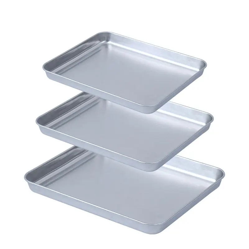 3-Piece Rectangular Stainless Steel Tray Set - Heavy-Duty Large-Capacity Serving Trays, Multi-Purpose Metal Bakeware for Home Kitchen Use