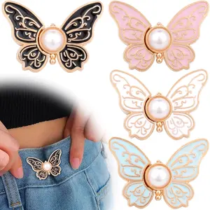 4 Sets Butterfly Waist Tightener Buttons for Pants, Adjustable Metal Jeans Waist Tightener, No Sewing Detachable Butterfly Pin Clips for Women Skirt, Loose Waist - Black, White, Pink, Blue
