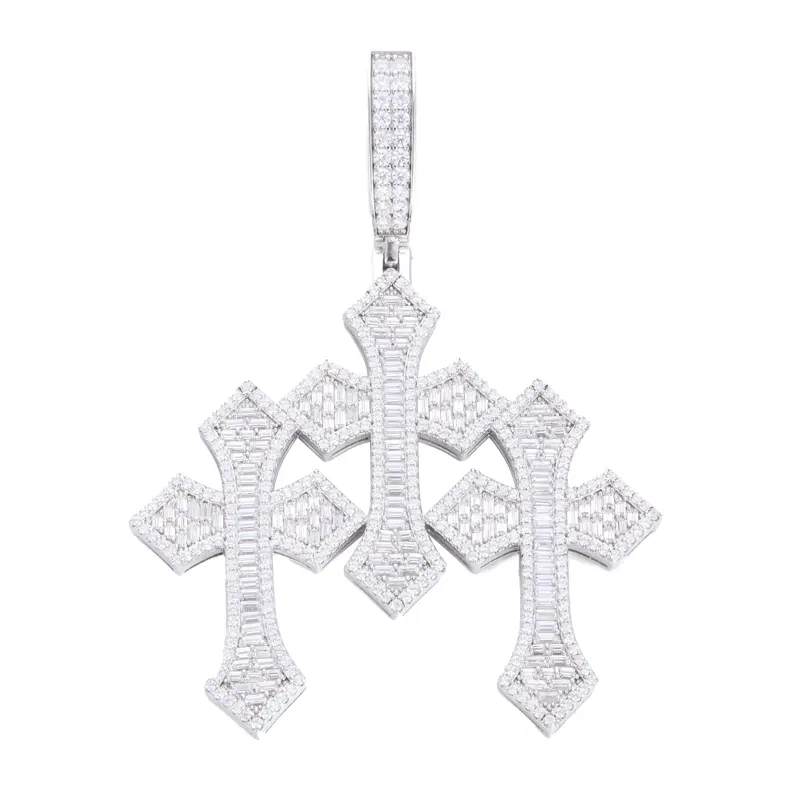 UCCIYO Triple Cross Pendant P632 S925 Sterling Silver Synthetic Moissanite Pendant Necklace Cross Pendant Fashion Suitable for Men and Women Hip Hop Rap Jewelry Halloween summerwins【P632】