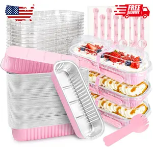 50 PACK Mini Cake Pans with Lids and Spoons (Pink,6.8oz)