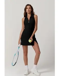 QINSEN Womens Zip Front Tennis Dress Polo Collar Racer Back Workout Golf Dresses Build in Shorts with Pockets