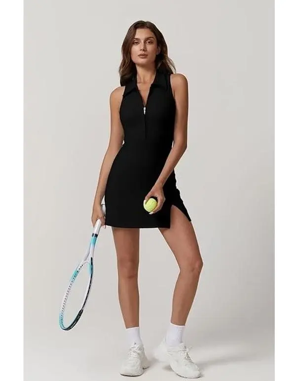 QINSEN Womens Zip Front Tennis Dress Polo Collar Racer Back Workout Golf Dresses Build in Shorts with Pockets