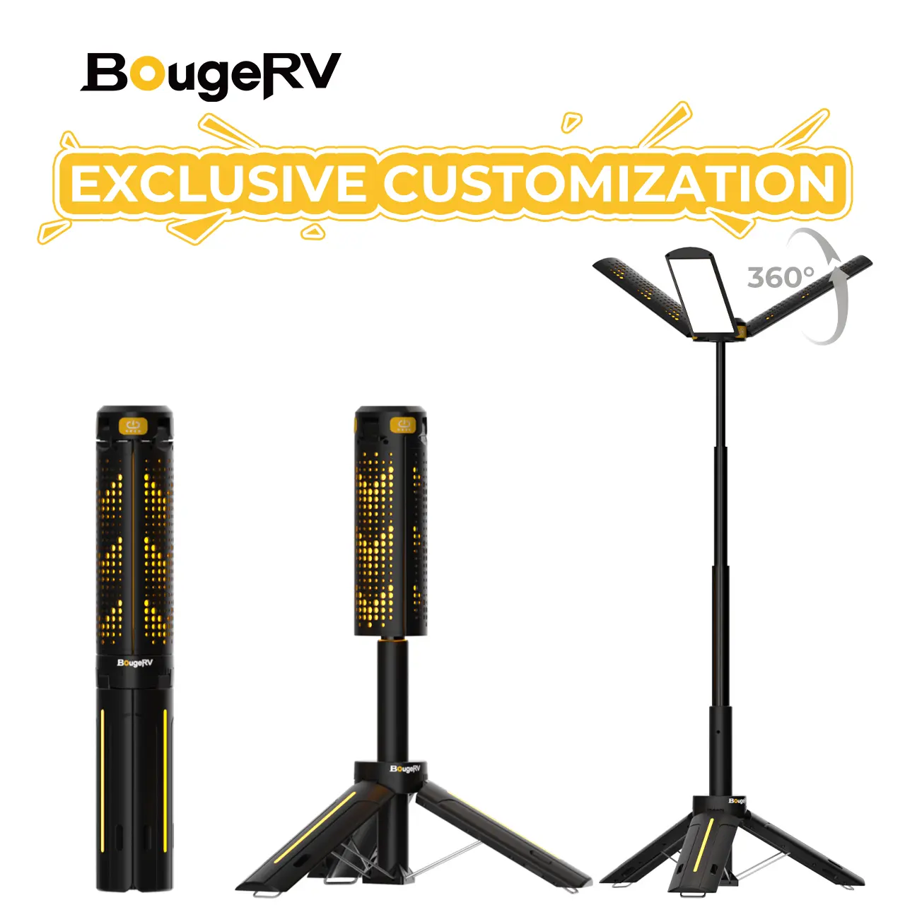 BougeRV LED Camping Light - 8000mAh Rechargeable Waterproof Emergency Torch, 1800 Lumens Dimmable, 3 Adjustable Heads, 3.4ft Telescopic Tripod Stand, Cordless for Outdoor Tasks & Garage Use