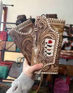 Genuine hand tooled & painted LARGE wallet with cowhide