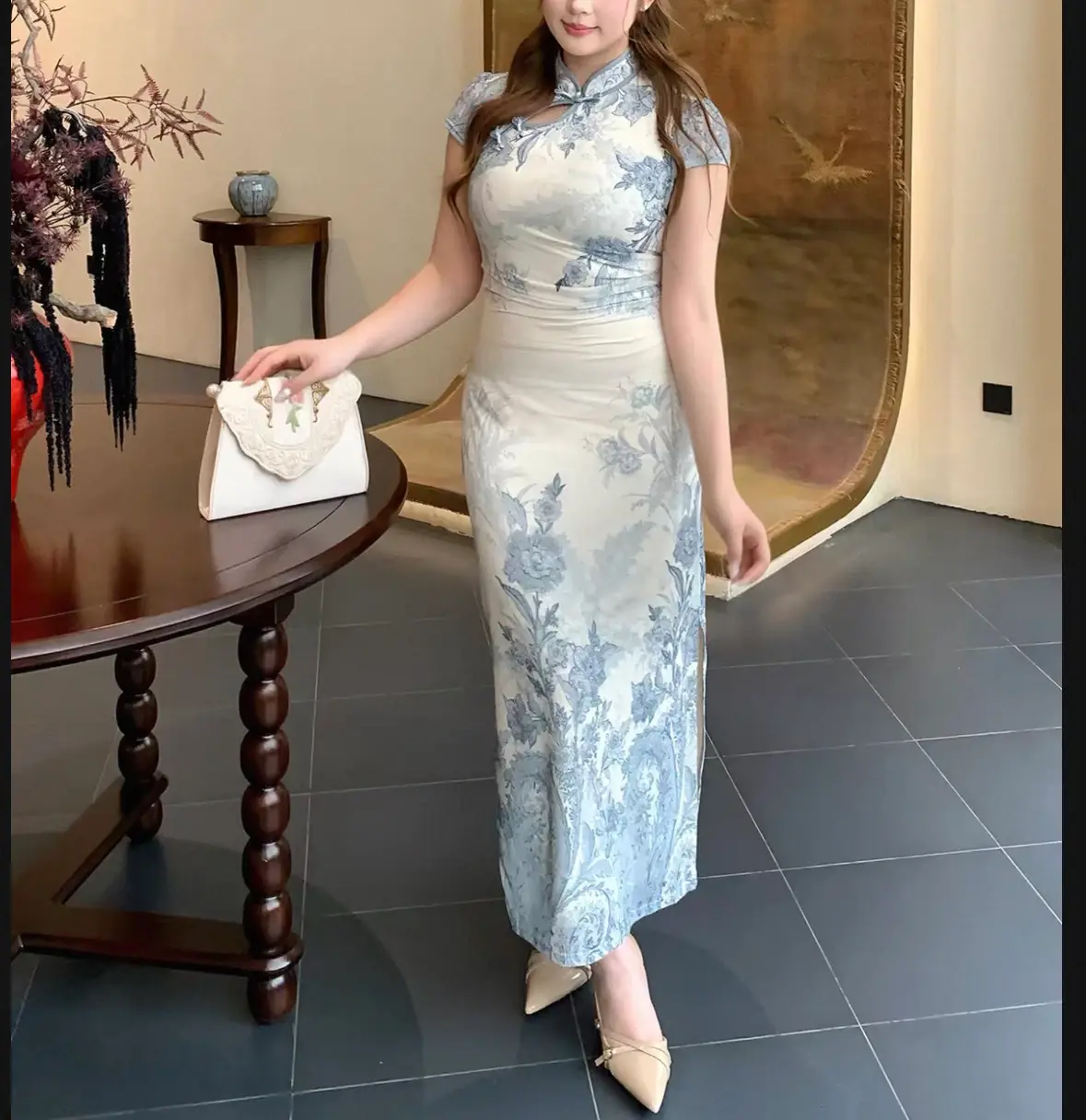 porcelain Blue Floral Print Qipao Dress Stretch Mesh Short Sleeve Mandarin Collar Split Long Cheongsam Elegant Bodycon Chinese Style Dress