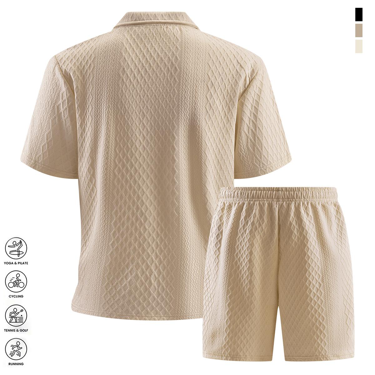 Men's two-piece set summer solid color casual sports short-sleeve polo shirt with lightweight pocket drawstring elastic waist shorts suitable for vacation beach golf outdoor sports breathable cool soft mesh fabric an essential for summer
