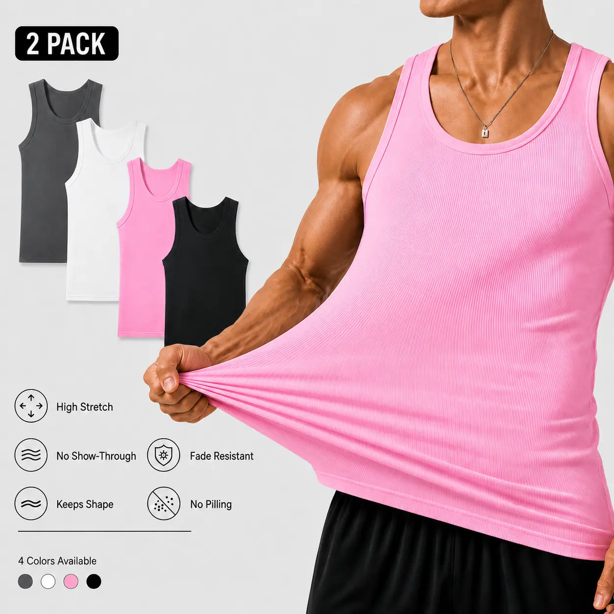 Summer men’s 2-pack anti-crease, no-bulge, high-stretch sleeveless U-neck tank tops—colorfast, wear-resistant, non-pilling, shape-stable—suitable for everyday, indoor, and sports casual wear.