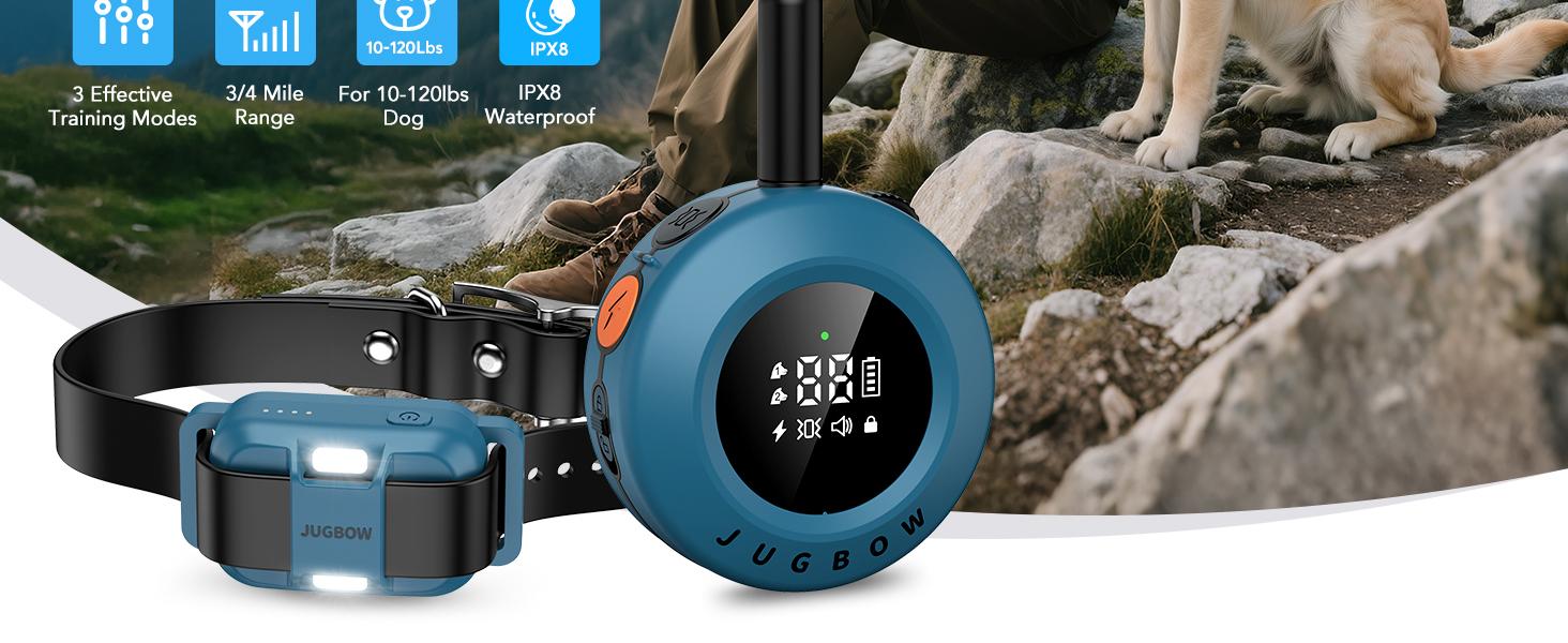 Jugbow Dog Training Collar - 3/4 Mile Dog Shock Collar with Remote for Large Medium Small Dogs, Rechargeable IPX8 Waterproof E-Collar with 99 Blunt Stimulation Levels, Tone or Vibration Mode, LED Light & Security Lock T-100