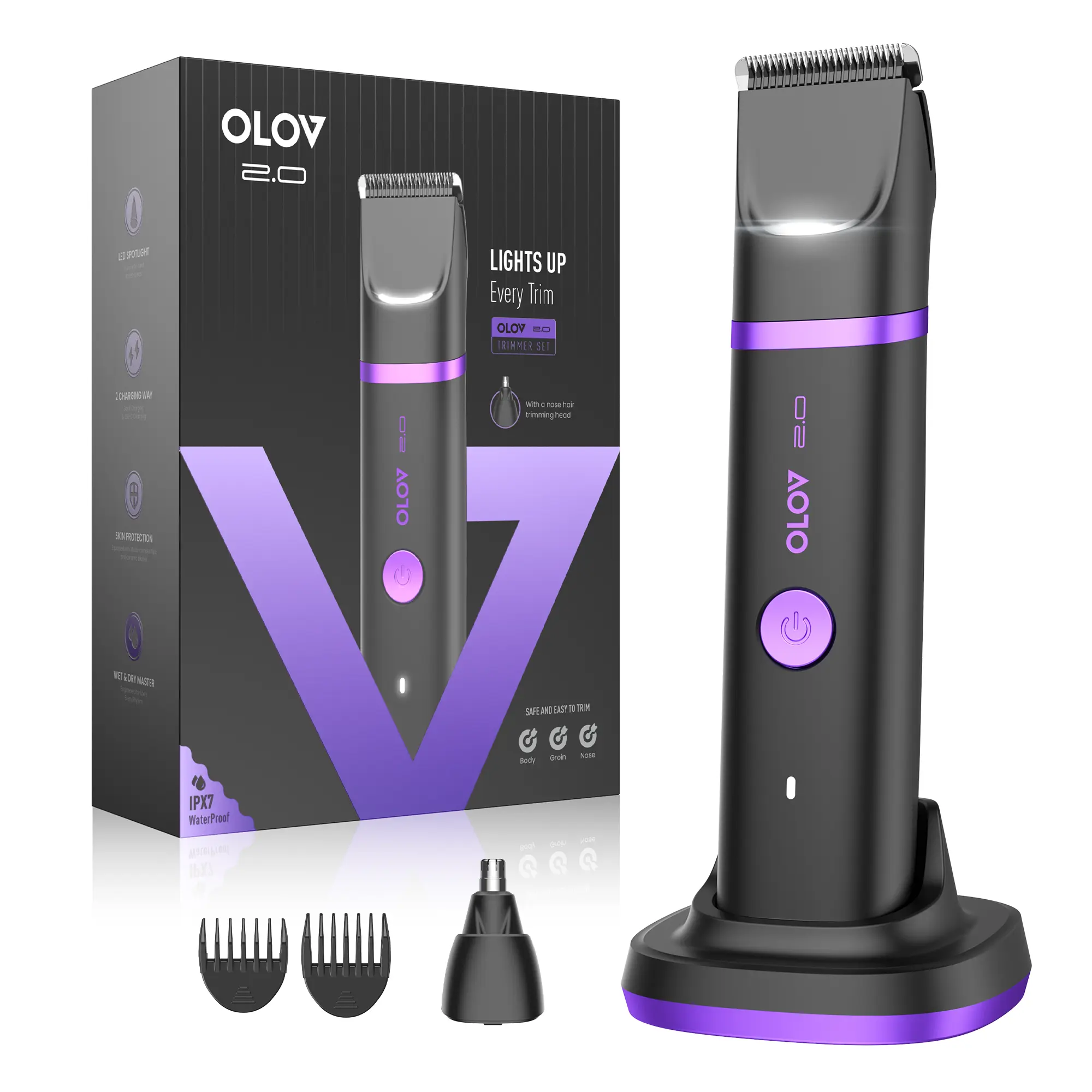 OLOV Intimate Pubic Hair Trimmer for Men, Waterproof Body Groomer with Skin-Friendly Ceramic Blades, LED Light & USB-C Charging Dock, Hair Removal Trimmer, Intimate Pubic Trimmer,dorm essentials,back to school,back to school haul