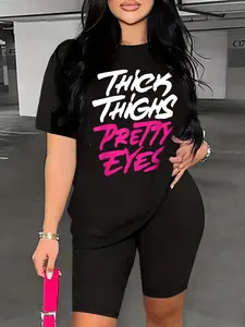 Women'S Plus Size Women'S t shirt Thick Thighs Pretty Eyes Black Crew Neck, Casual Sports, Machine Washable, Suitable for All Seasons