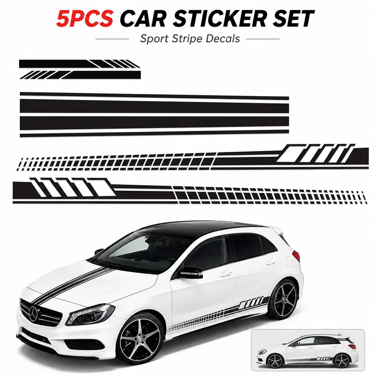 Custom 5-Piece Striped Car Stickers - Decals Vehicle with Sport Stripe, Strong Adhesive, Paint Protection; Exterior Accessories for Body Waistline, Side Skirt Accents, Hood Embellishments, Side Mirrors, Vehicle Exterior Decoration, Car Vehicle Decoration